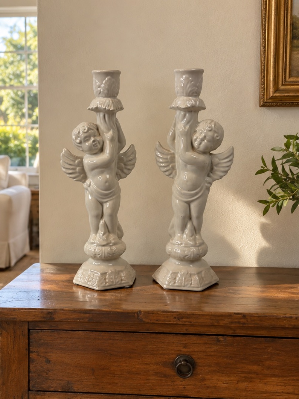 Vintage Ceramic Cherub Angel Candle Holders White French Country Shabby Fairy